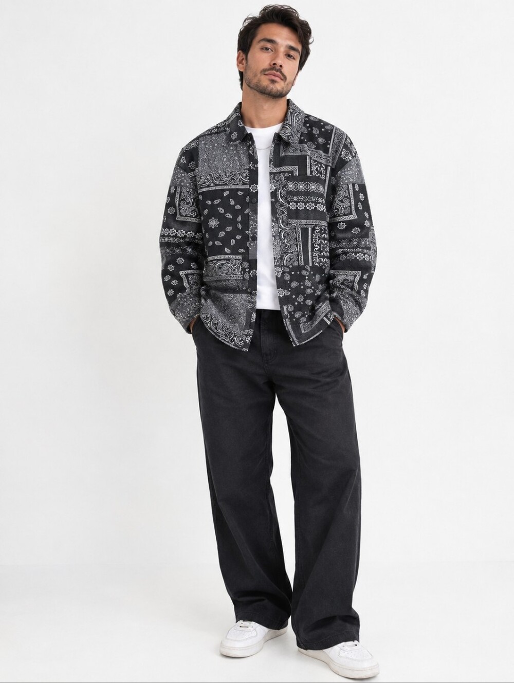 Zara Black White Paislev Patchwork Button Up Shirt Jacket Mens Size XL Shacket